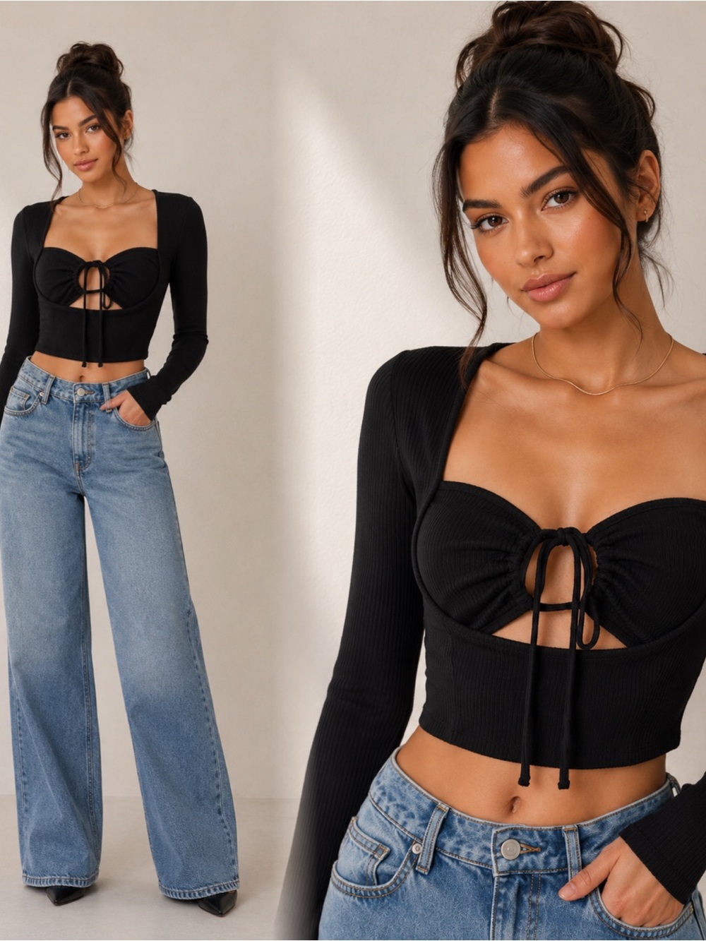 Black Long-Sleeve Tie-Front Crop Top